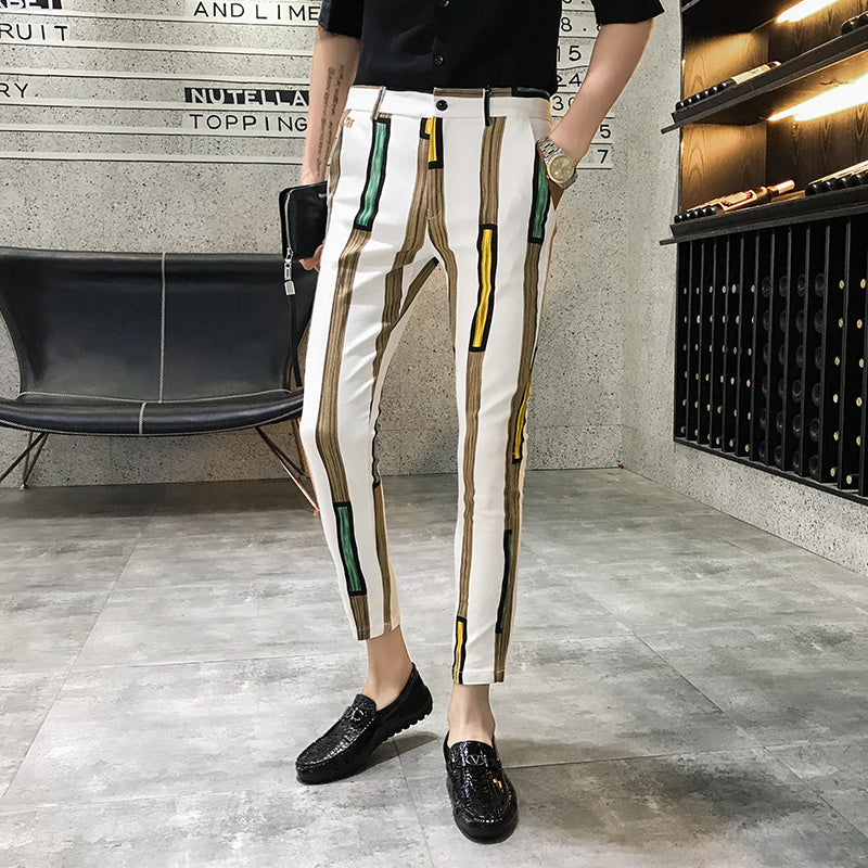 Striped Handsome Lapel Slimming Jacket Men - White pants / M