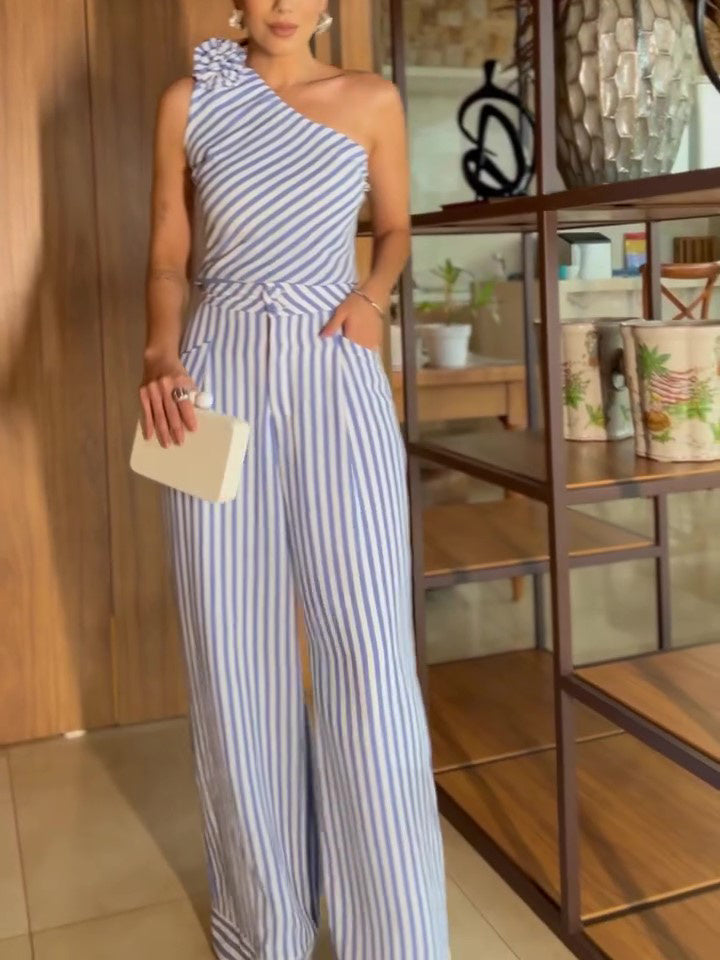 Striped One Shoulder Crop Top & Wide - Leg Pants Set - 4