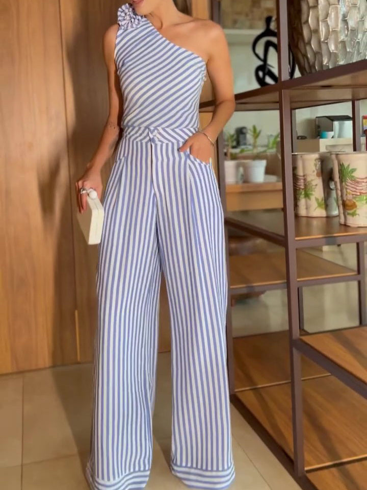 Striped One Shoulder Crop Top & Wide - Leg Pants Set - 4