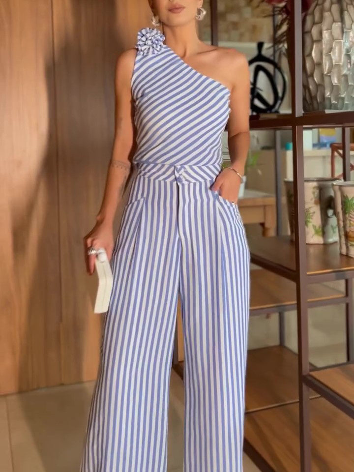 Striped One Shoulder Crop Top & Wide - Leg Pants Set - Striped / XS - 4