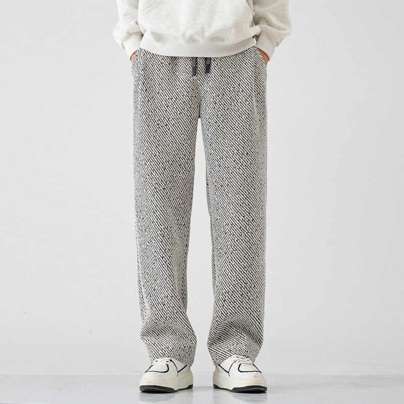 Chenille Slanted Stripe Casual Pants Men’s Loose Wide-leg Pants Silver Silk Sweatpants - Beige / M