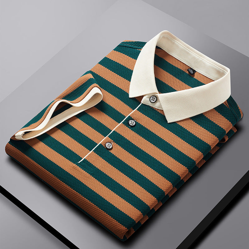 Pineapple Texture Striped Short Sleeve Cotton T-shirt Trendy Youth Half Casual Top Polo Shirt - Brown Green / M