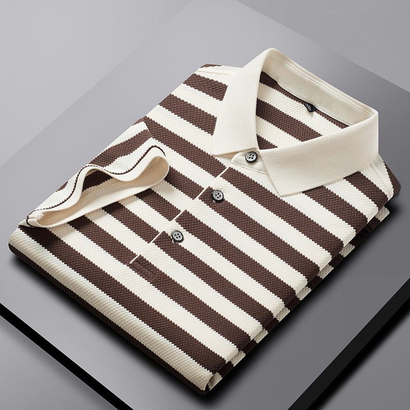 Pineapple Texture Striped Short Sleeve Cotton T-shirt Trendy Youth Half Casual Top Polo Shirt - Brown / M