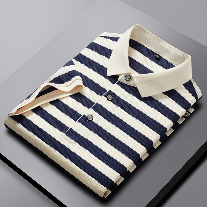 Pineapple Texture Striped Short Sleeve Cotton T-shirt Trendy Youth Half Casual Top Polo Shirt - Dark Blue / M