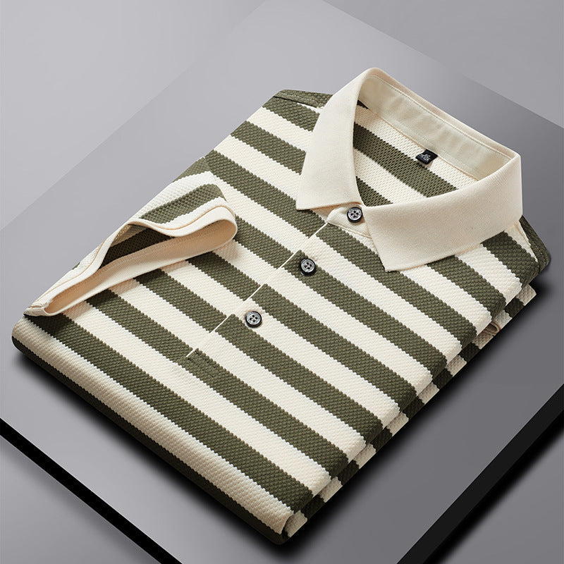 Pineapple Texture Striped Short Sleeve Cotton T-shirt Trendy Youth Half Casual Top Polo Shirt - Grass Green / M