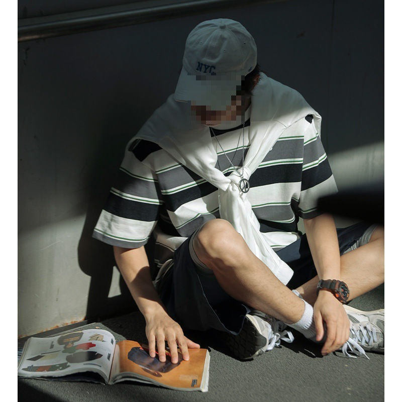 Summer Men’s Striped Short Sleeved T-shirt - Black / S