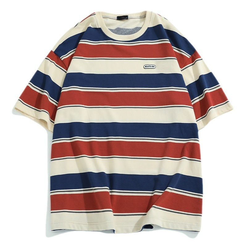 Summer Men’s Striped Short Sleeved T-shirt - Red / S