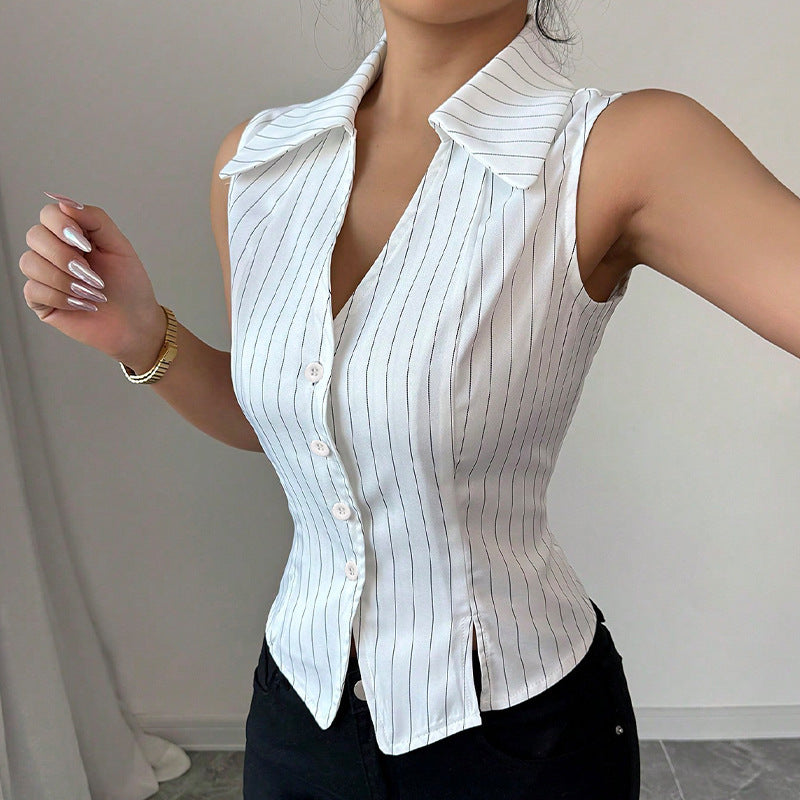 Summer European And American Temperament Striped Sleeveless Shirt - White / S