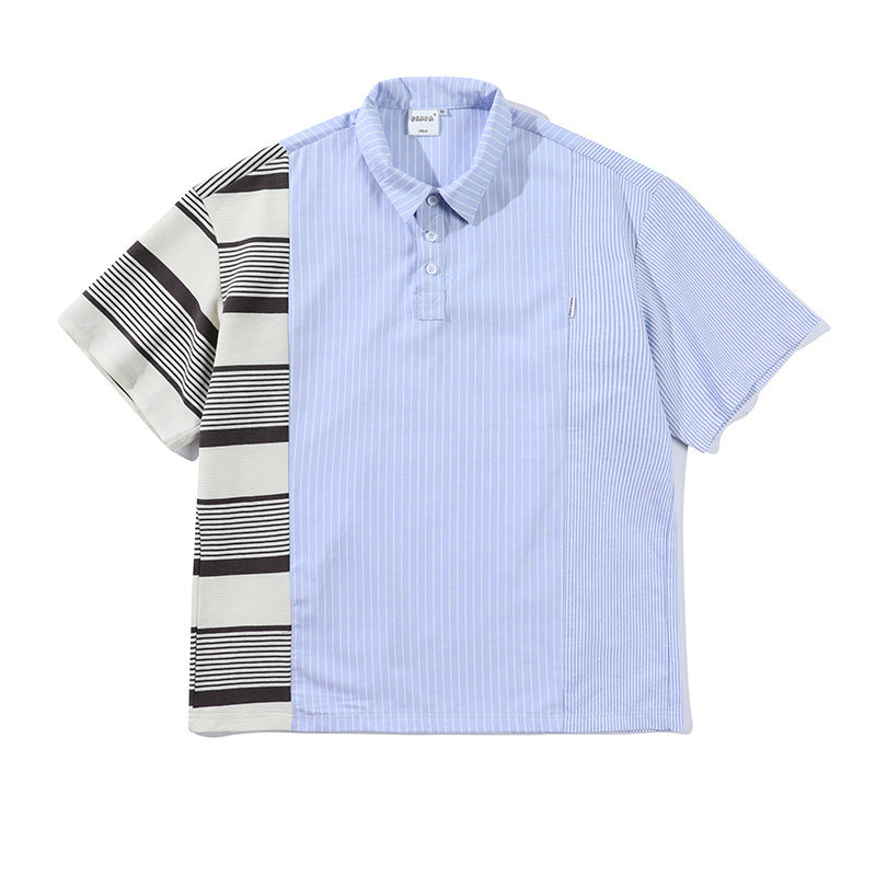Striped Stitching Casual Shirt Couple - Blue / M