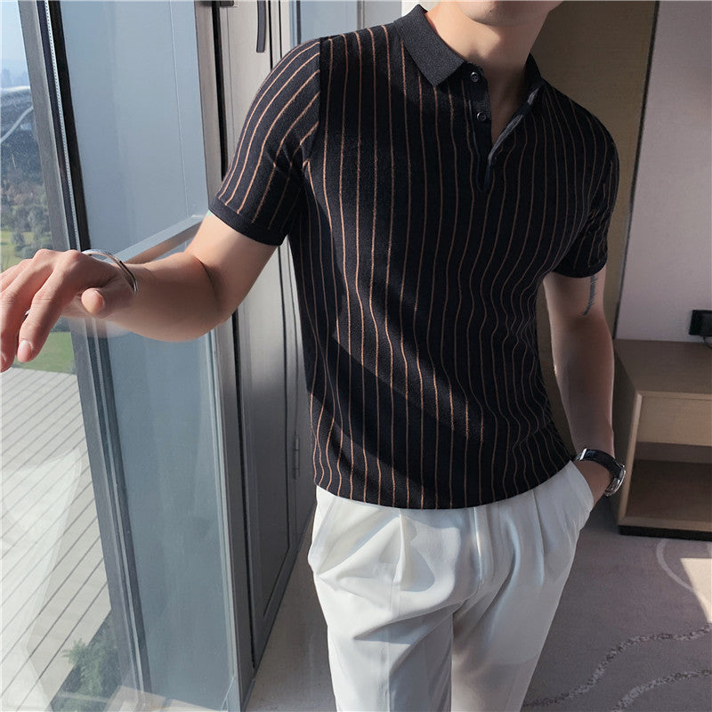 Lapel Tight-fitting Striped Stretch Short-sleeved T-shirt - Black / M