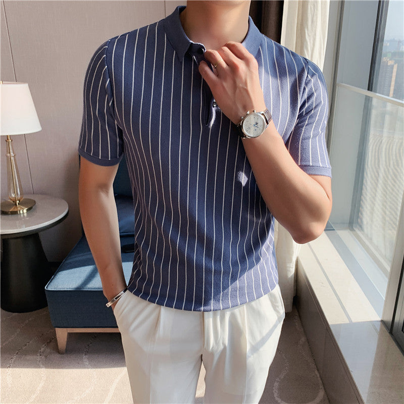 Lapel Tight-fitting Striped Stretch Short-sleeved T-shirt - Blue / M