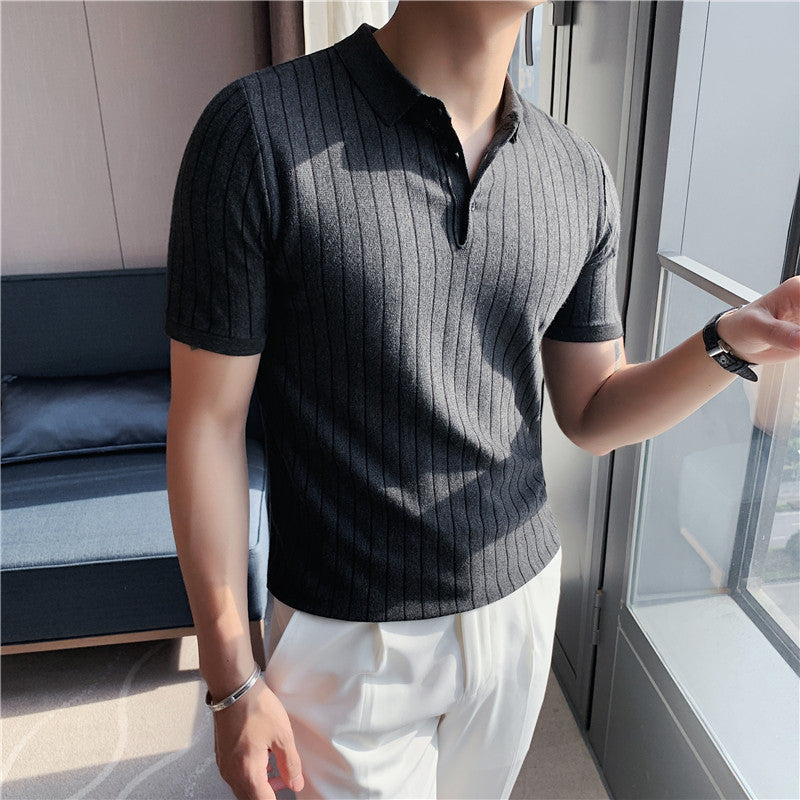 Lapel Tight-fitting Striped Stretch Short-sleeved T-shirt - Dark Grey / M