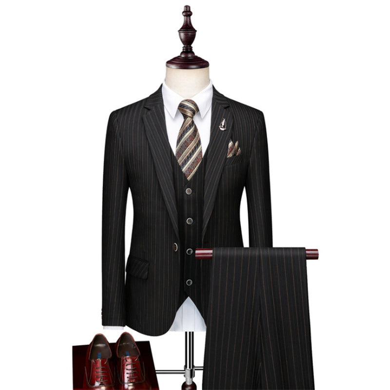 Striped suit business casual suit men’s three-piece suit - Black / S