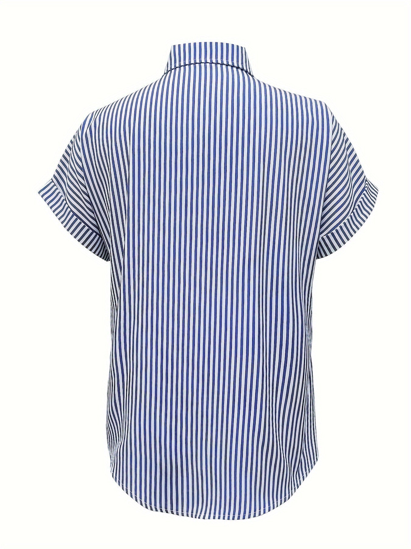 Elegant Plus Size Striped Blouse With Pocket - Casual Short Sleeve Button-Up Collared Shirt For Women - 5