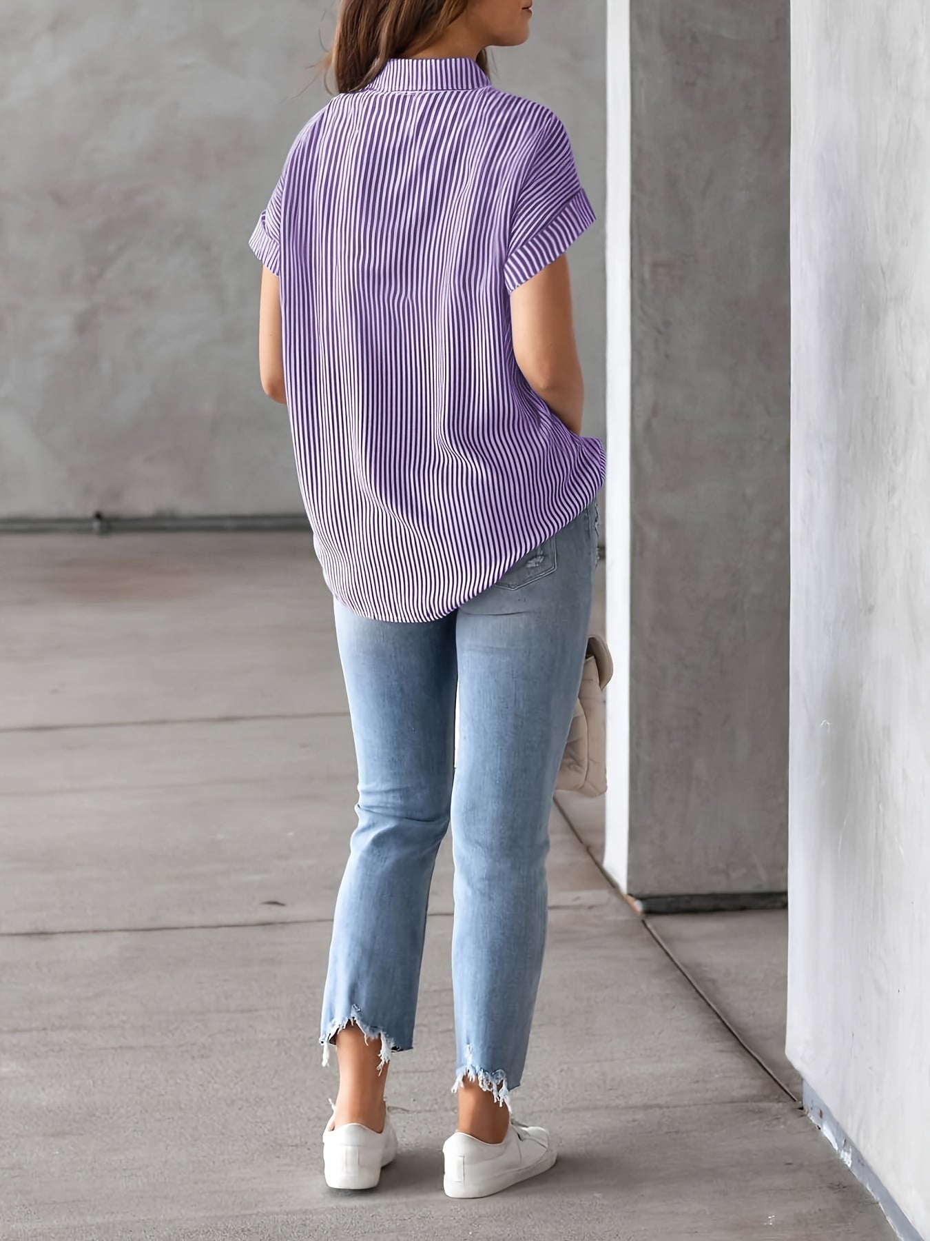 Elegant Plus Size Striped Blouse With Pocket - Casual Short Sleeve Button-Up Collared Shirt For Women - 5