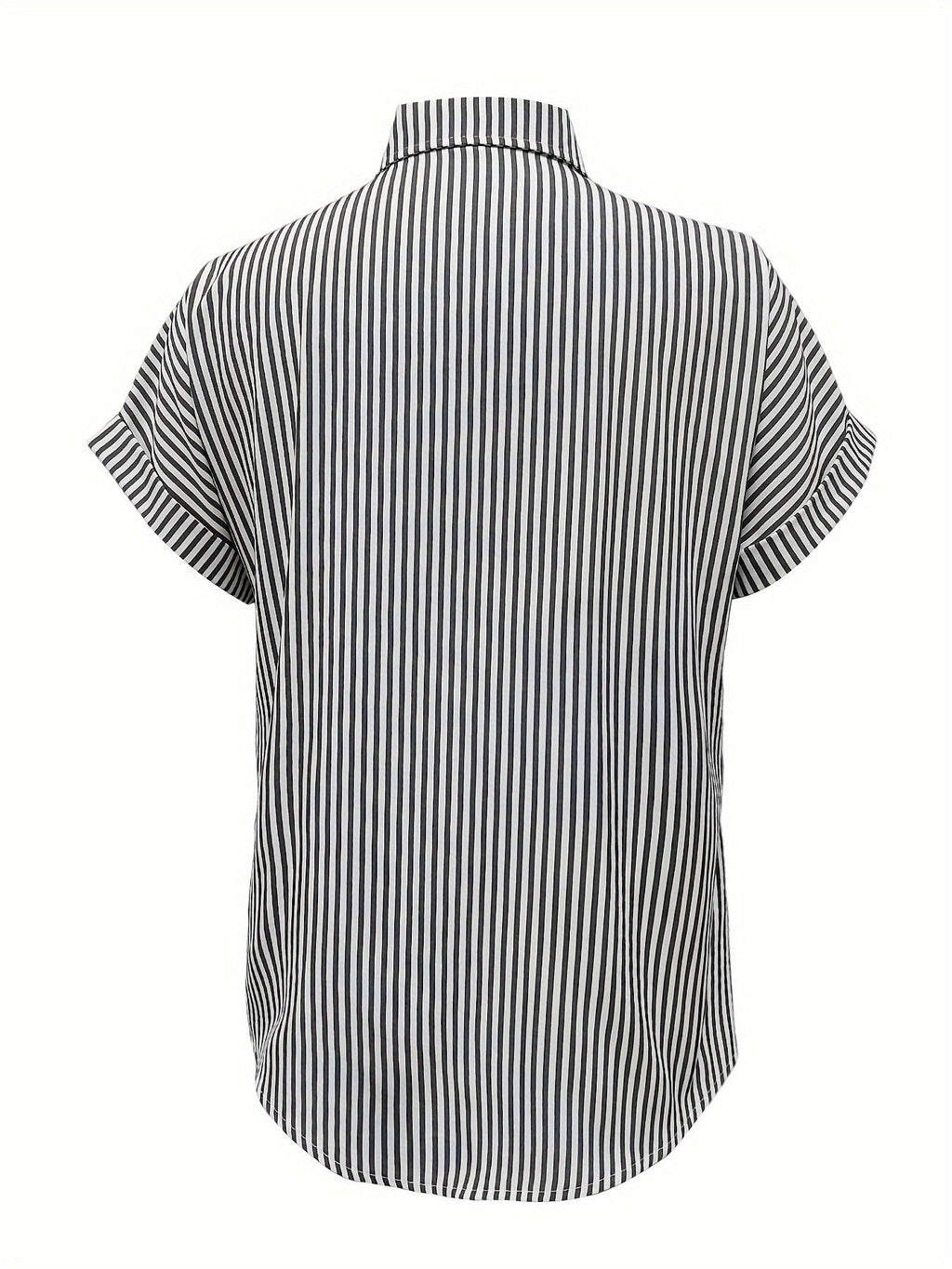 Elegant Plus Size Striped Blouse With Pocket - Casual Short Sleeve Button-Up Collared Shirt For Women - 5