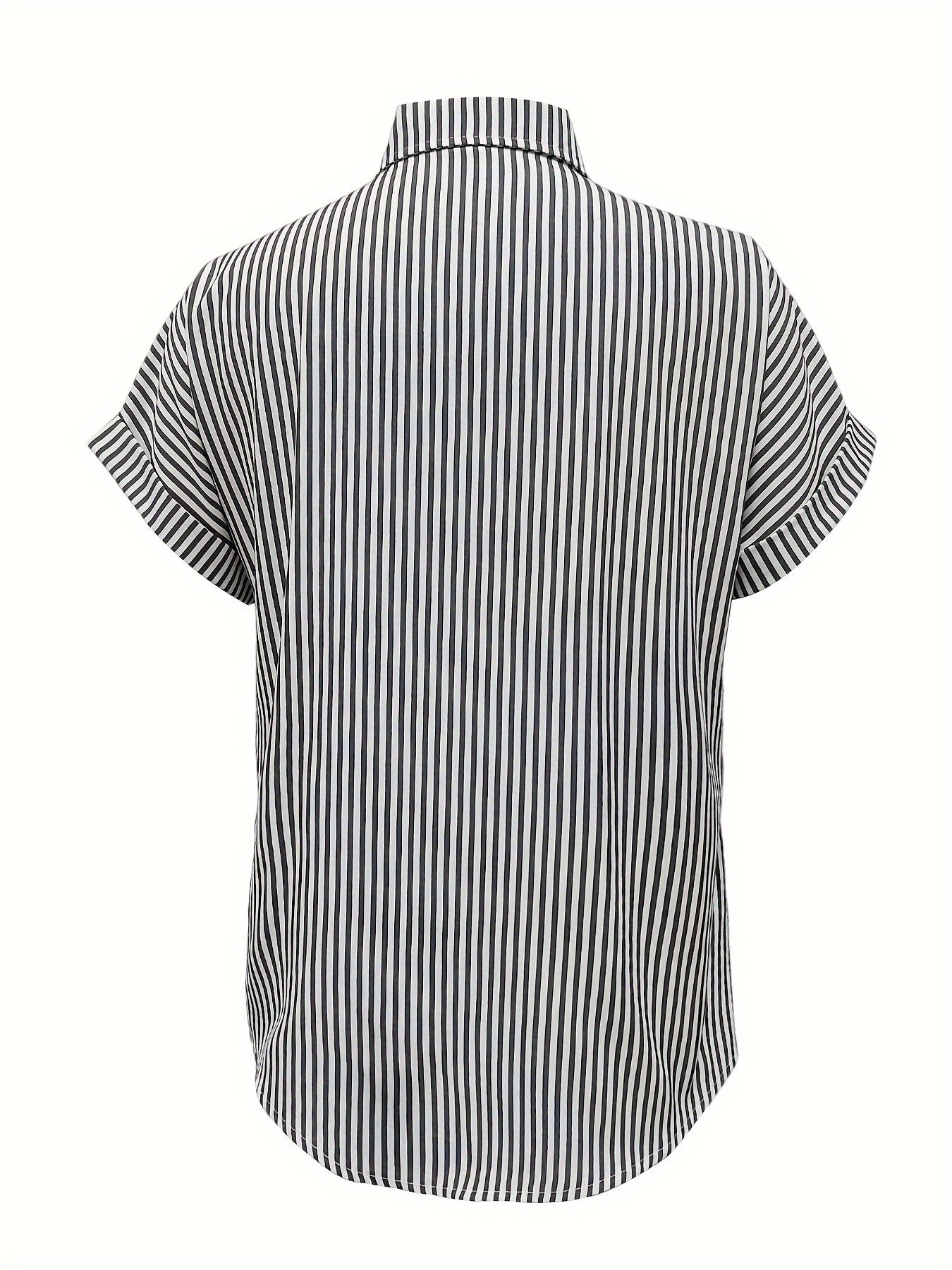 Elegant Plus Size Striped Blouse With Pocket - Casual Short Sleeve Button-Up Collared Shirt For Women - 5