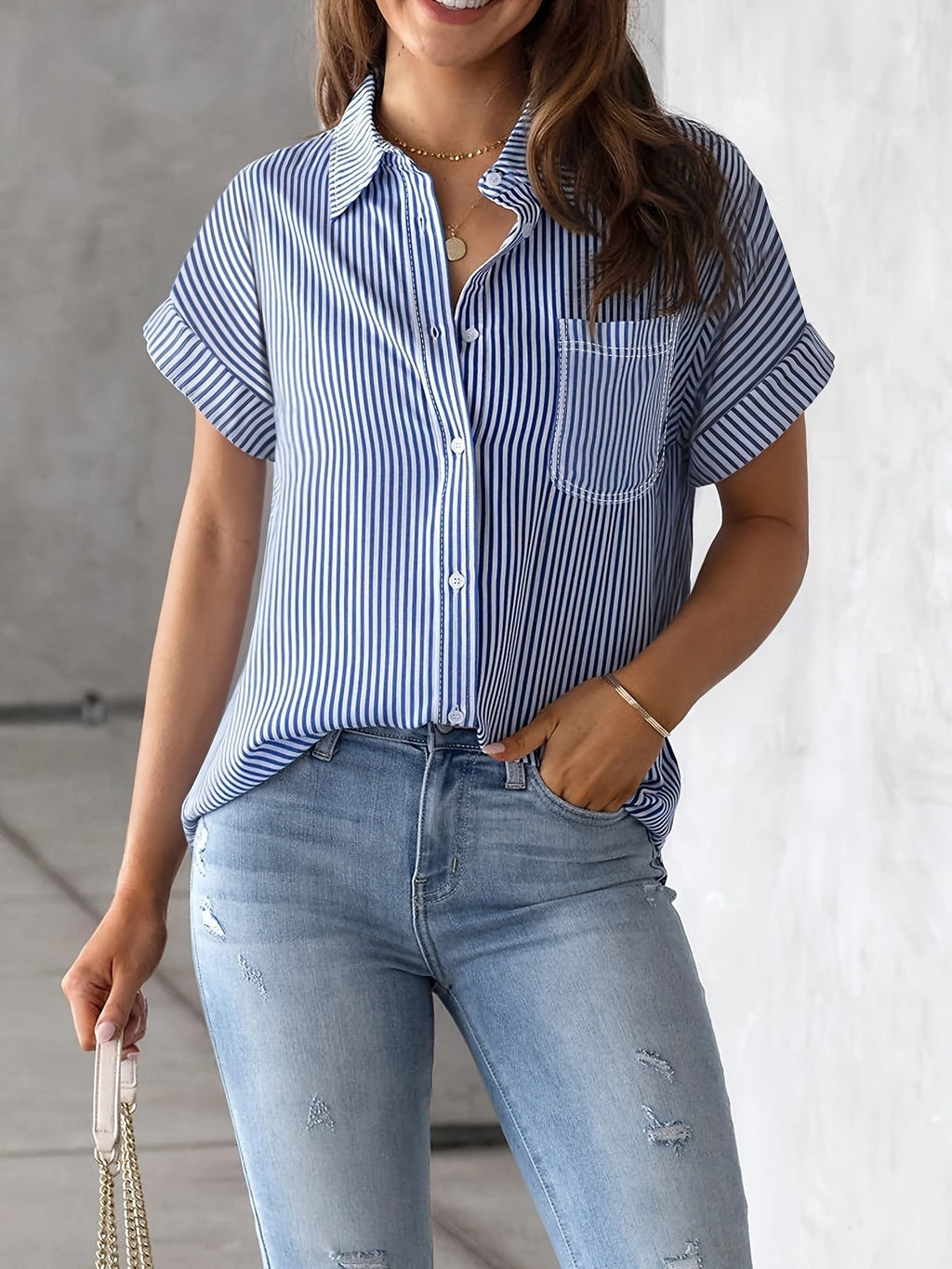 Elegant Plus Size Striped Blouse With Pocket - Casual Short Sleeve Button-Up Collared Shirt For Women - 5