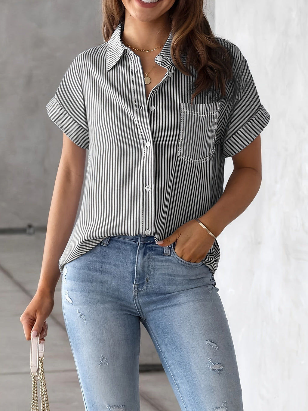 Elegant Plus Size Striped Blouse With Pocket - Casual Short Sleeve Button-Up Collared Shirt For Women - Black / XL - 5