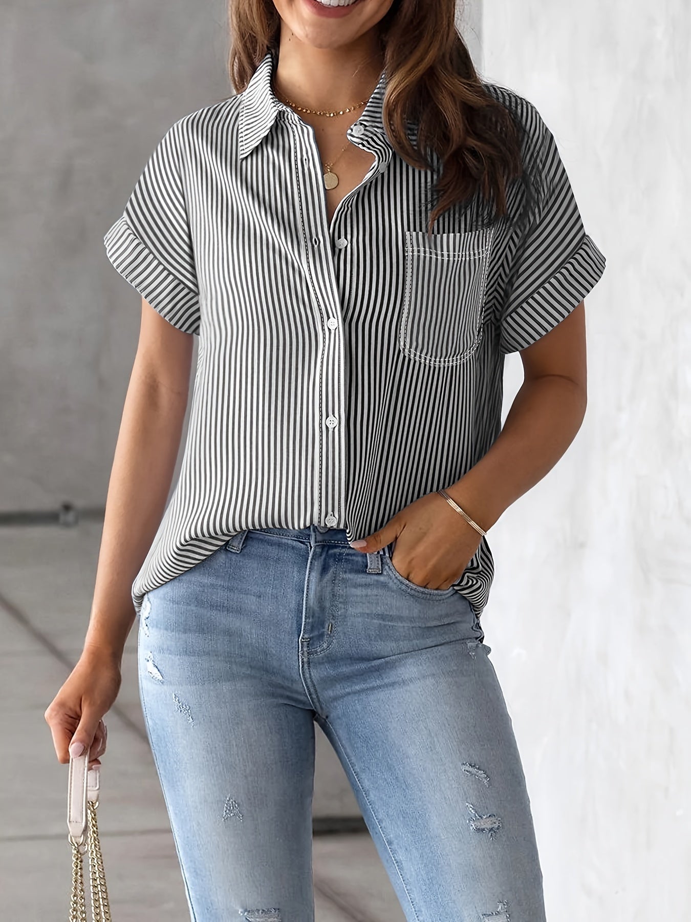 Elegant Plus Size Striped Blouse With Pocket - Casual Short Sleeve Button-Up Collared Shirt For Women - Black / XL - 5