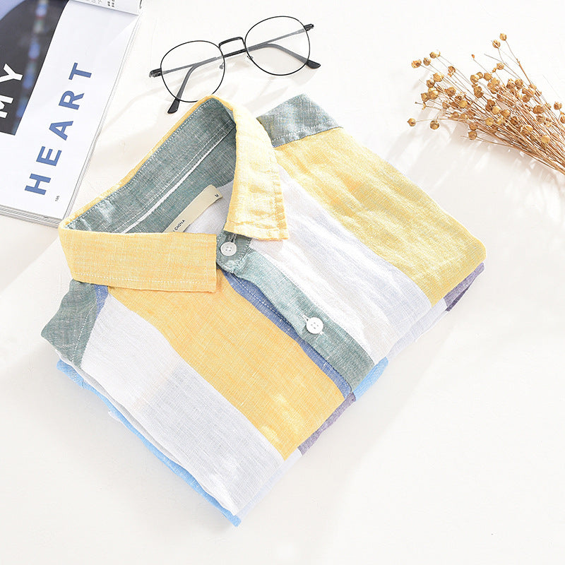 Striped Linen Shirt Men’s Loose Thin Square Collar Short Sleeves