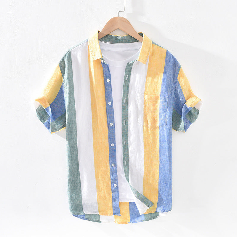 Striped Linen Shirt Men’s Loose Thin Square Collar Short Sleeves