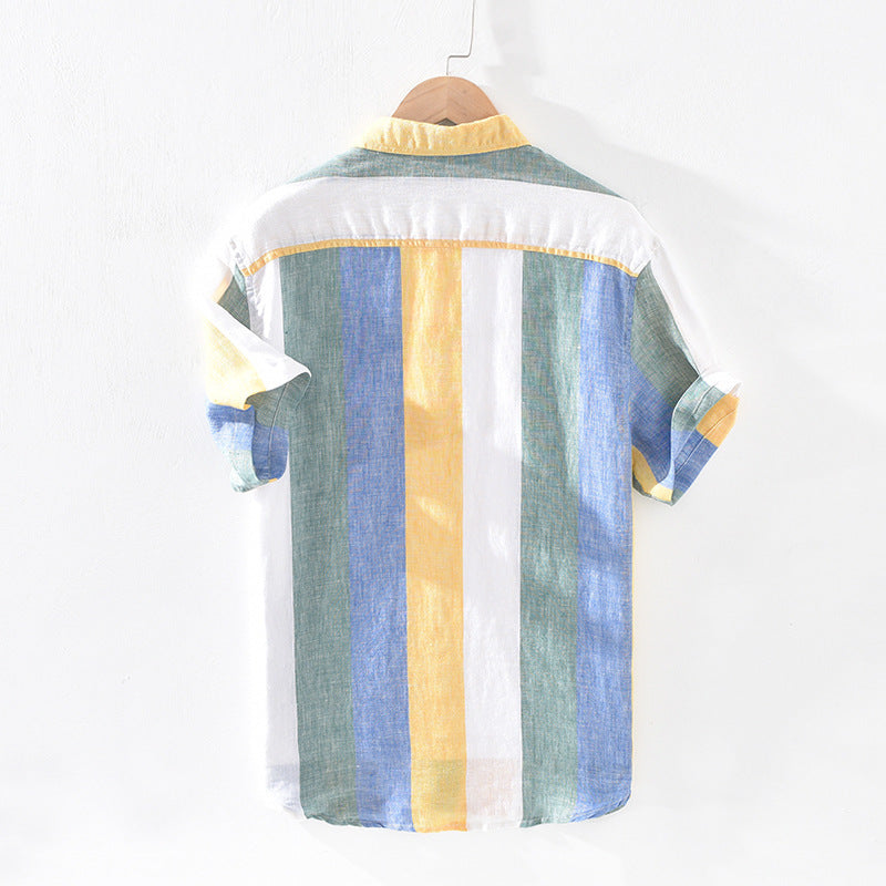 Striped Linen Shirt Men’s Loose Thin Square Collar Short Sleeves