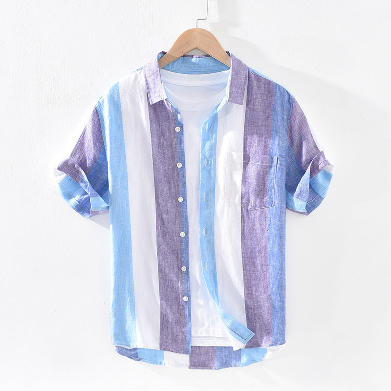 Striped Linen Shirt Men’s Loose Thin Square Collar Short Sleeves - Blue / M