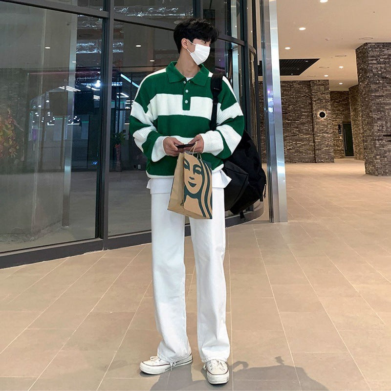 Striped Polo Sweater Men’s Autumn And Winter Lapel
