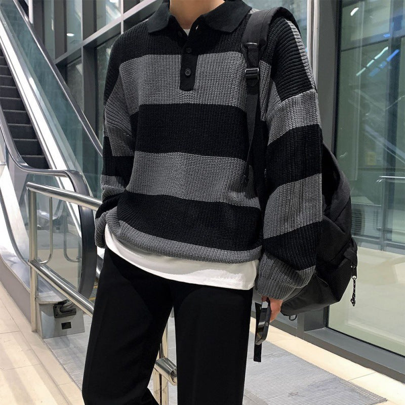 Striped Polo Sweater Men’s Autumn And Winter Lapel