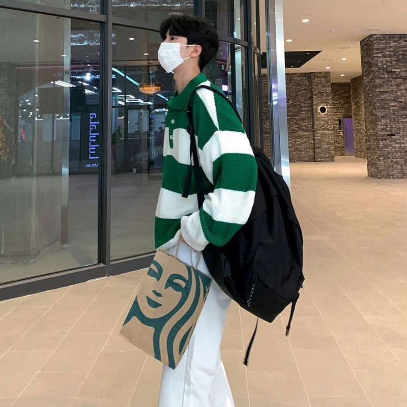 Striped Polo Sweater Men’s Autumn And Winter Lapel - Green / M