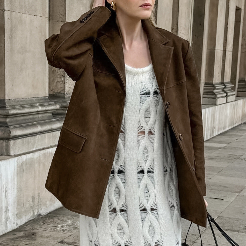 Brushed Velvet Retro Lapels Loose Suede Jacket - Brown / S
