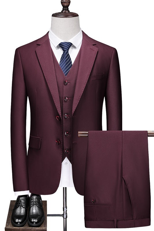 Suit Solid Color Three Pieces Set - Wine Red / L