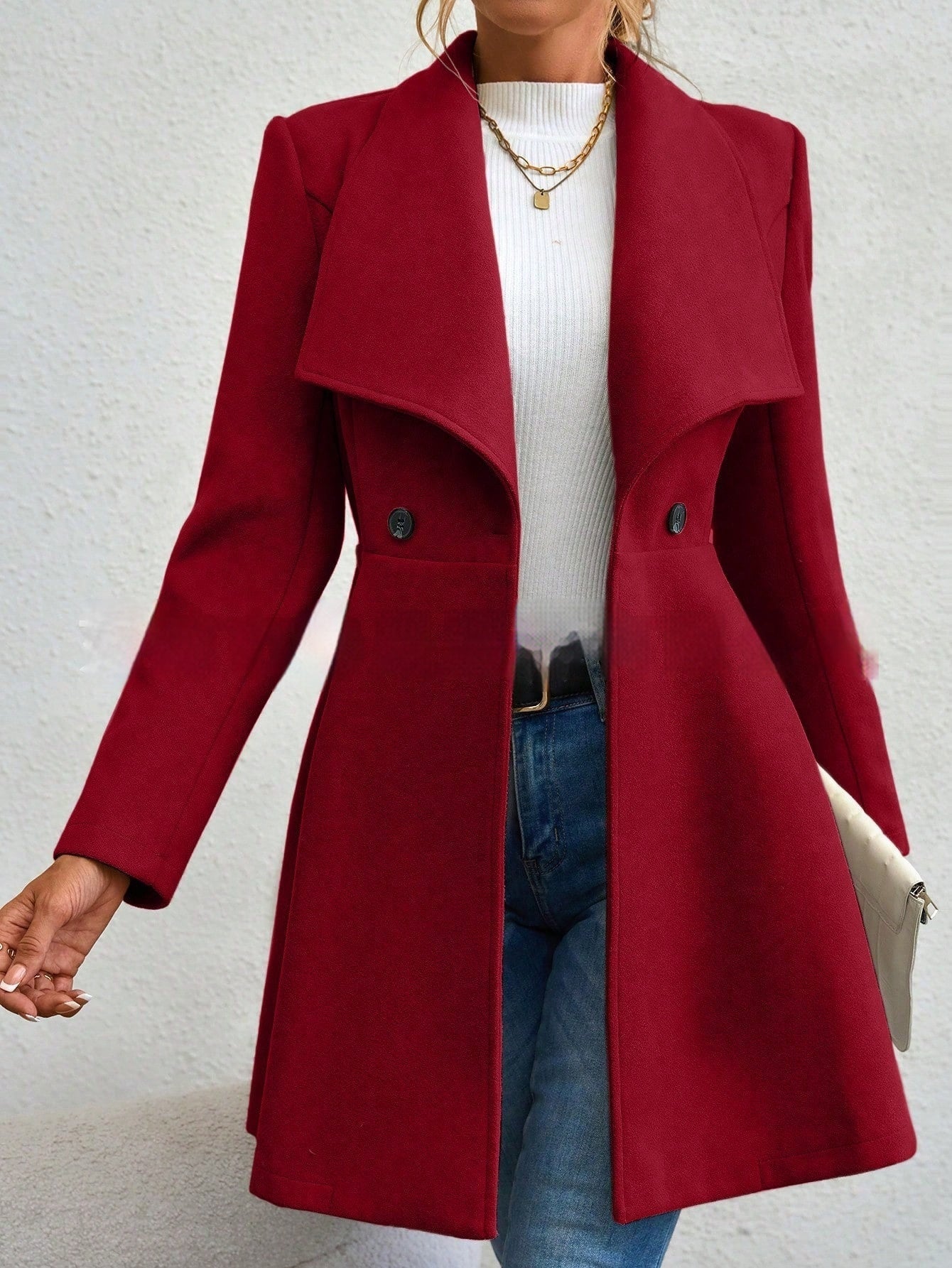 Women’s Coat Slim Fit Long Fashion Lapel - Deep Red / S