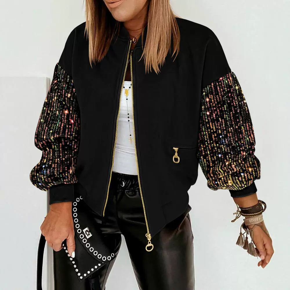 Women’s New Colorful Sequin Stitching Long-sleeved Coat