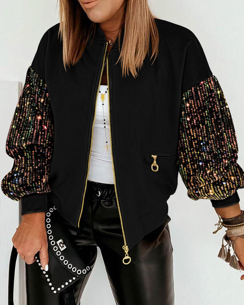 Women’s New Colorful Sequin Stitching Long-sleeved Coat - Black / S
