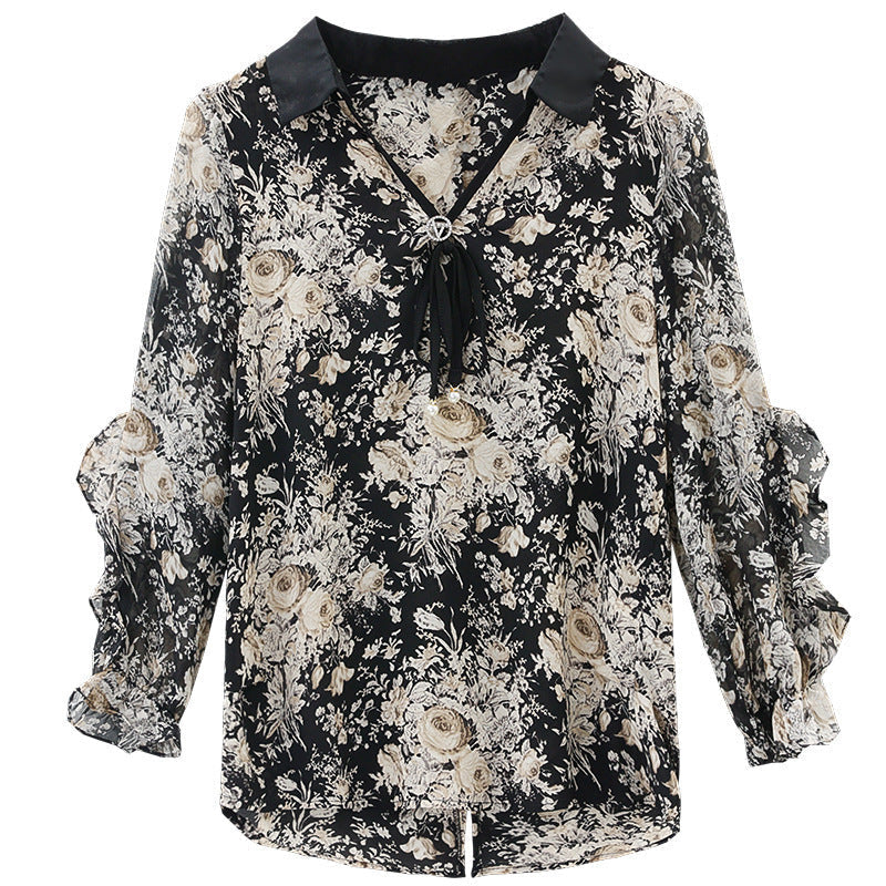 Middle-aged Mother Floral Shirt Top - Black Shivering / S