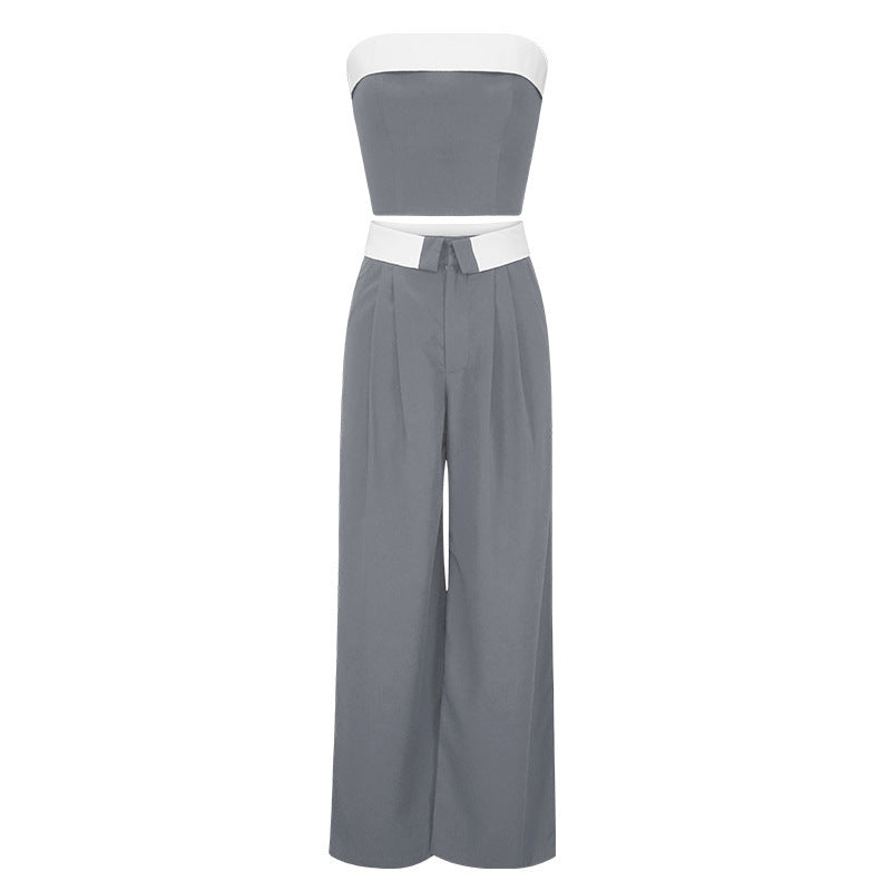 Contrast Color Vest Wide-leg Suit Pants Fashion Casual Two-piece Suit - Gray / S