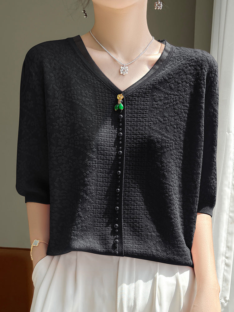 Women’s V-neck Tencel Sweater With Short Sleeves