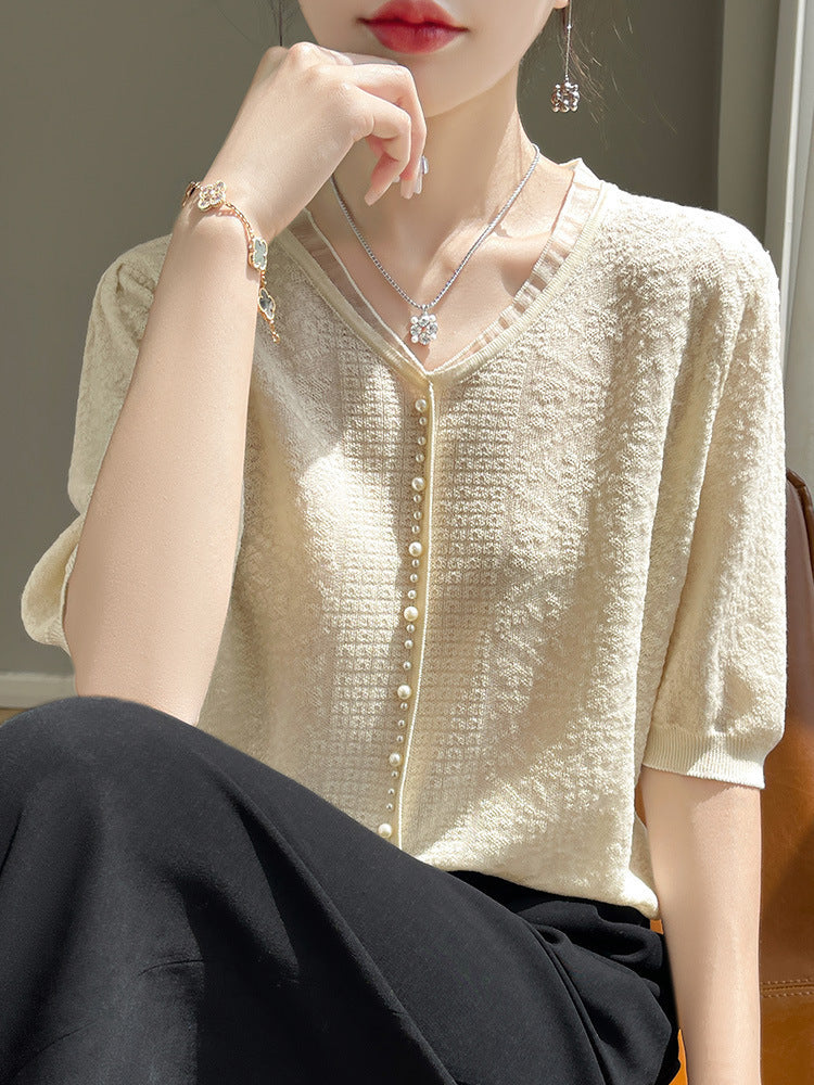Women’s V-neck Tencel Sweater With Short Sleeves