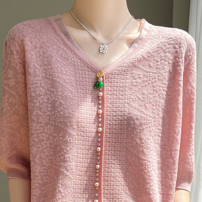 Women’s V-neck Tencel Sweater With Short Sleeves