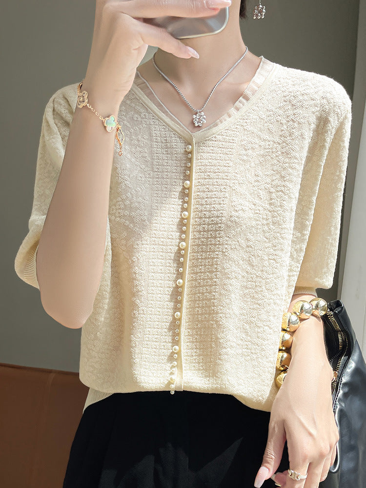 Women’s V-neck Tencel Sweater With Short Sleeves - Beige / L