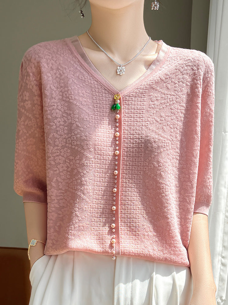 Women’s V-neck Tencel Sweater With Short Sleeves - Pink / L