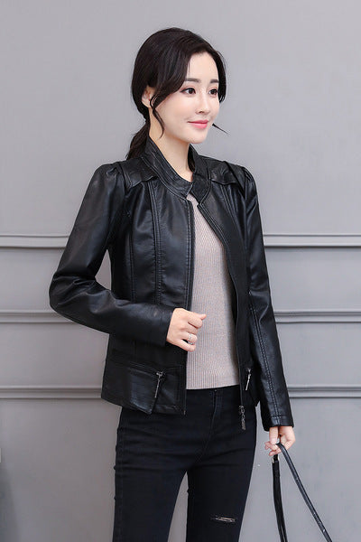 New Spring And Autumn Korean Style Motorcycle Stand-up Collar Slim Fit Slimming Leather Coat - Black / S
