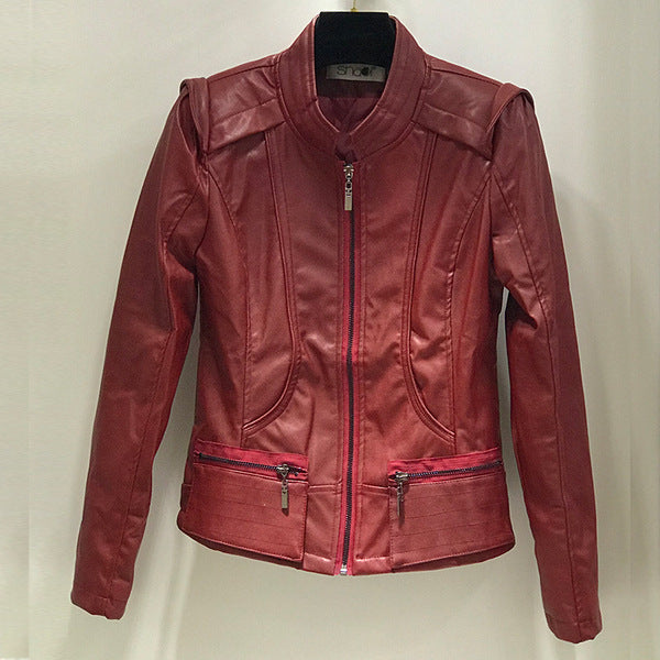 New Spring And Autumn Korean Style Motorcycle Stand-up Collar Slim Fit Slimming Leather Coat - Red / S