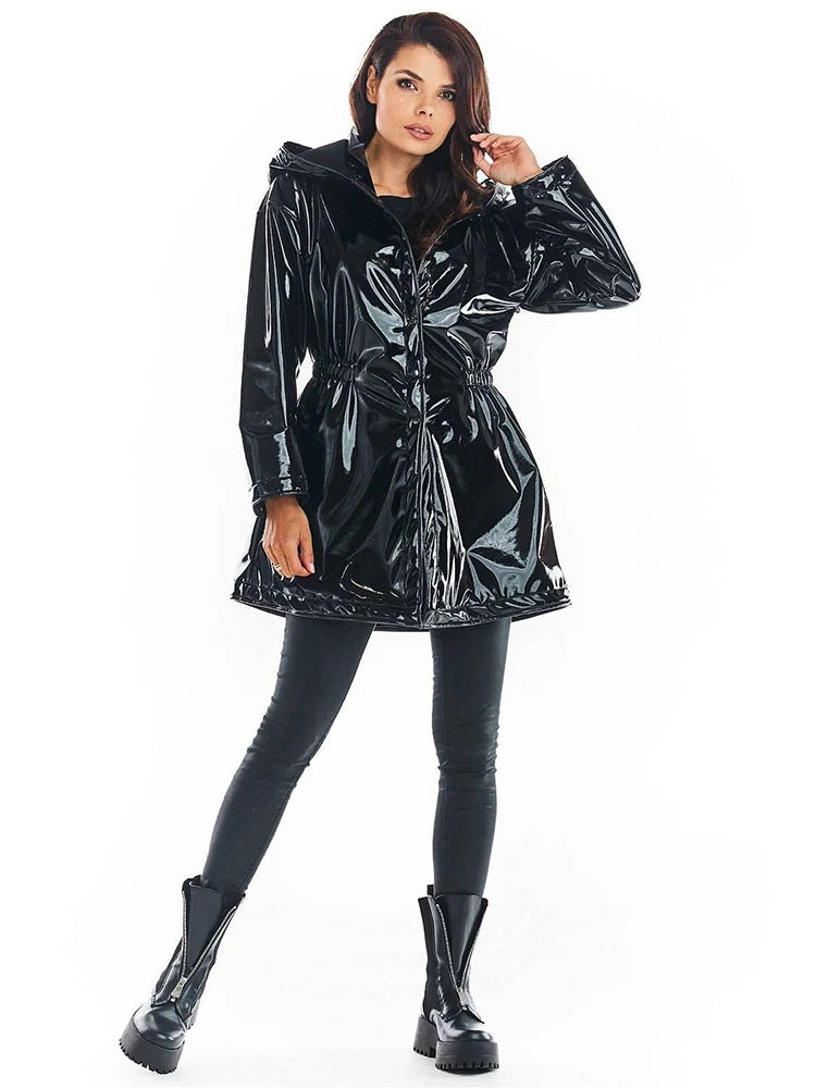 Mid-length To Long Bright Leather Trench Coat - Black / XS