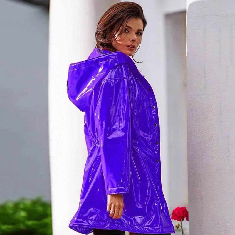 Mid-length To Long Bright Leather Trench Coat - Blue / XS