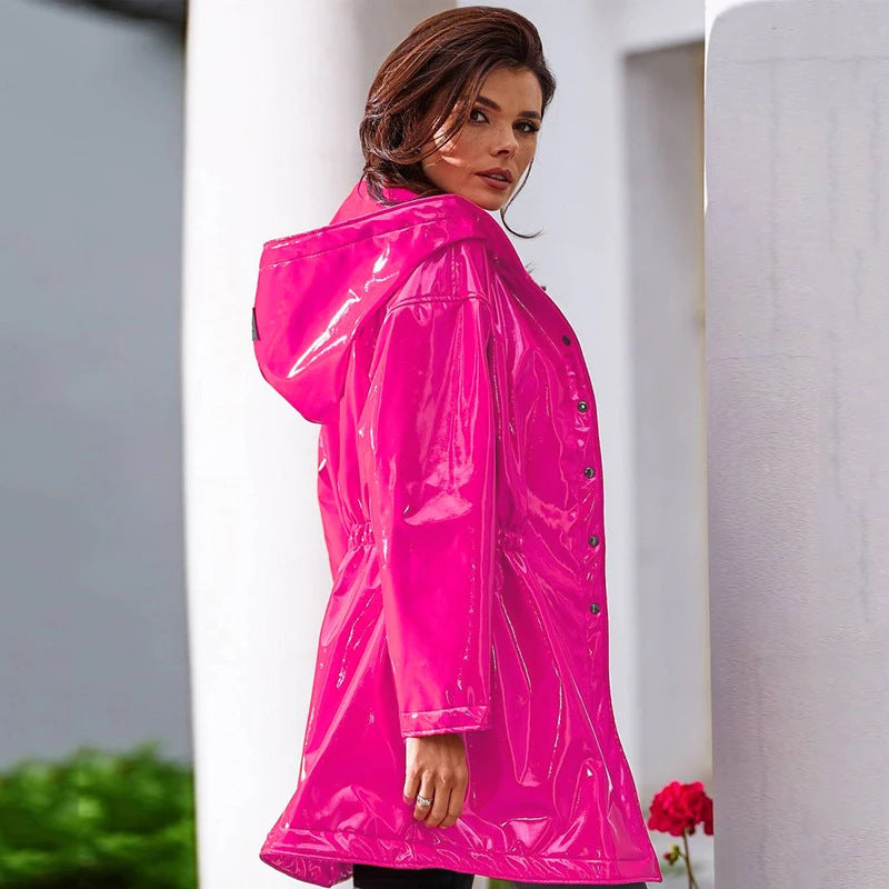 Mid-length To Long Bright Leather Trench Coat - Pink / XS