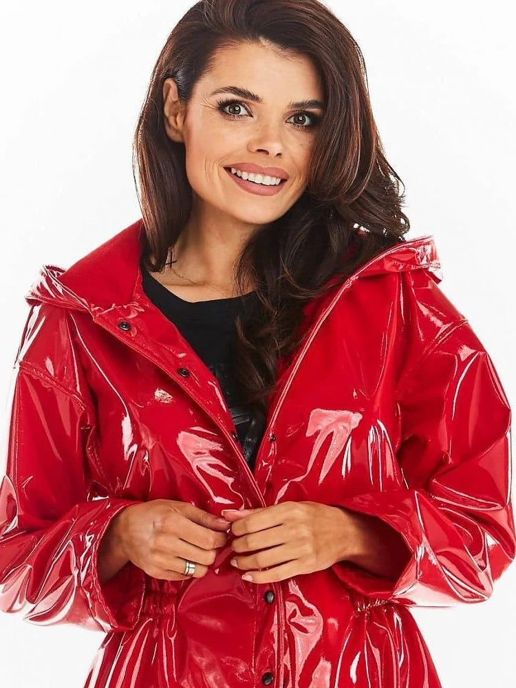Mid-length To Long Bright Leather Trench Coat - Red / XS