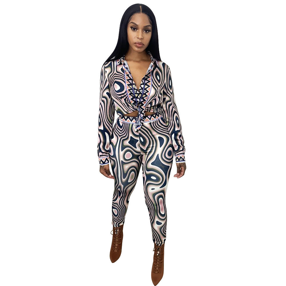 Autumn And Winter New Women’s Clothing Fashion Sexy Print Long Sleeve Tight Casual Suit - Dark Blue / S